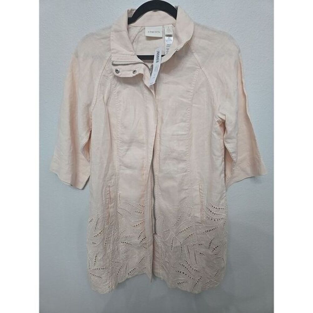 Chicos Womens Tunic‎ Embroidered Cutwork Shacket Linen Full Zip Pockets US Sz 1